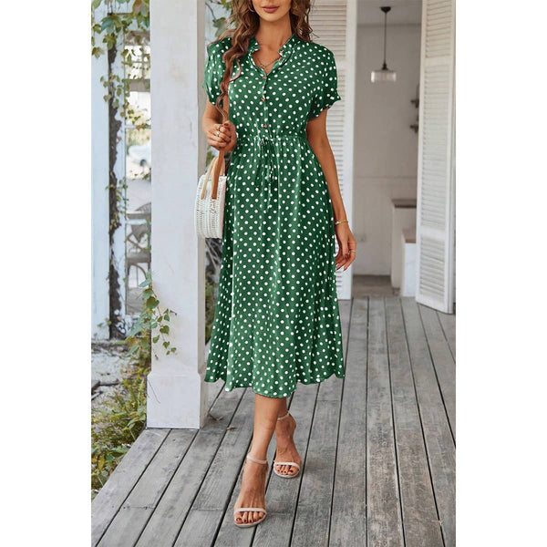 Polka Dot V-Neck Button Belt Long Dress
