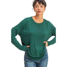 Round Neck Long Sleeve Curved Hem Top