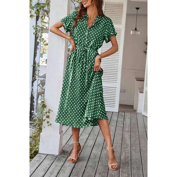 Polka Dot V-Neck Button Belt Long Dress