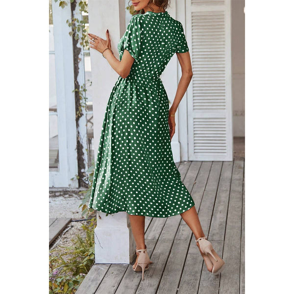 Polka Dot V-Neck Button Belt Long Dress