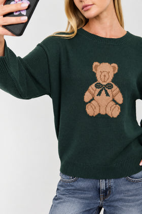 TEDDY JACQUARD CREW NECK KNIT PULLOVER SWEATER