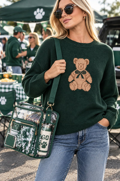 TEDDY JACQUARD CREW NECK KNIT PULLOVER SWEATER
