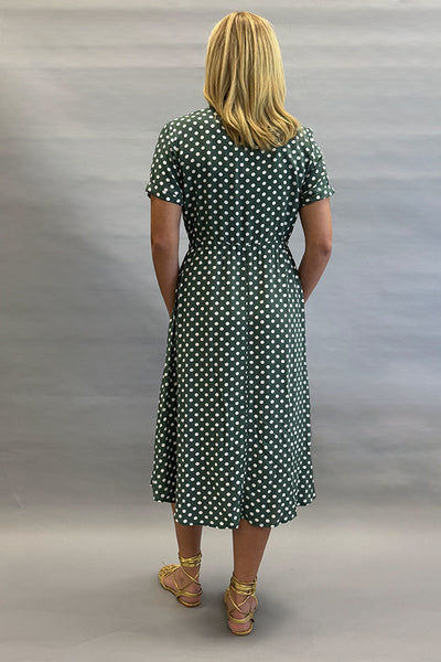 Polka Dot V-Neck Button Belt Long Dress