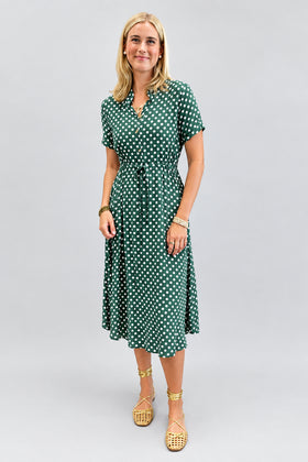 Polka Dot V-Neck Button Belt Long Dress