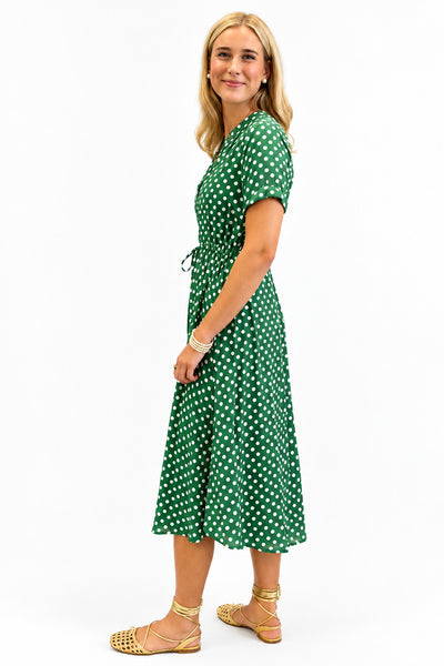 Polka Dot V-Neck Button Belt Long Dress