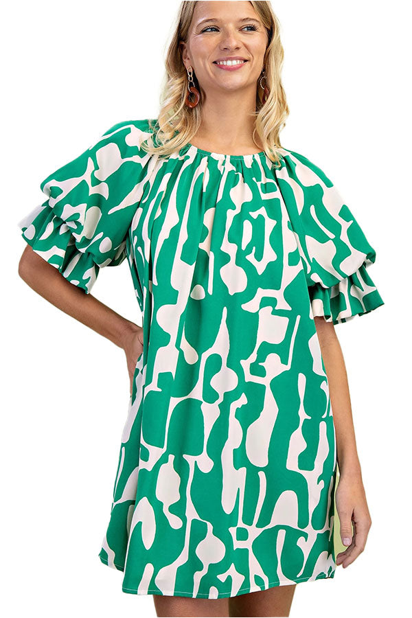 Green Geometric Balloon Sleeve Dress Green Geometric Balloon Sleeve Dress