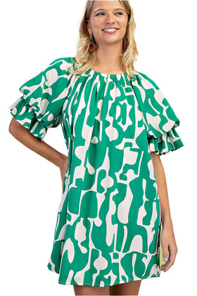 Green Geometric Balloon Sleeve Dress