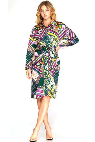 Forest Green and Multicolor Geometric Print Dress