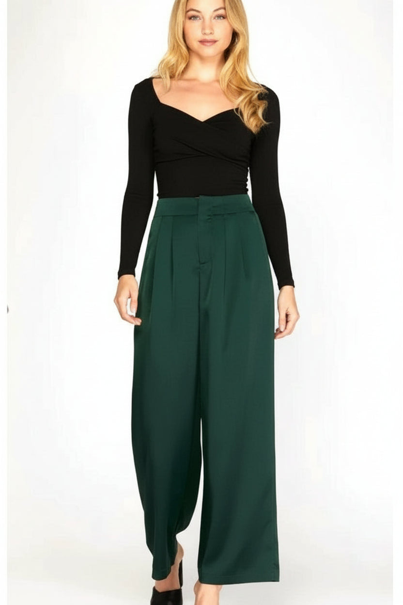 Forest Green Pleated Front Satin Pant Forest Green Pleated Front Satin Pant
