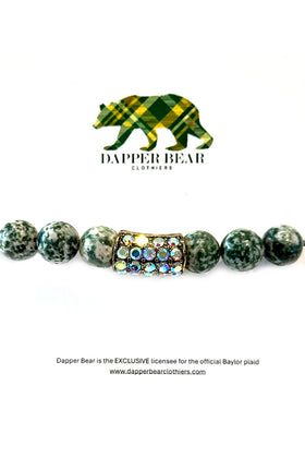 Green Stone Bead and Brass Stretch Bracelet