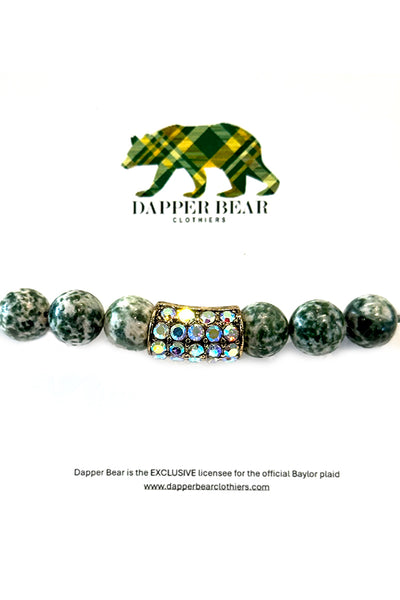 Green Stone Bead and Brass Stretch Bracelet