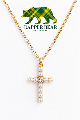 Petite Pearl Gold Cross Necklace
