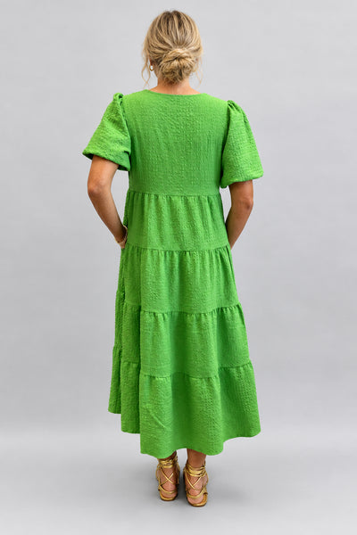 Green Long Tiered Crinkle Dress