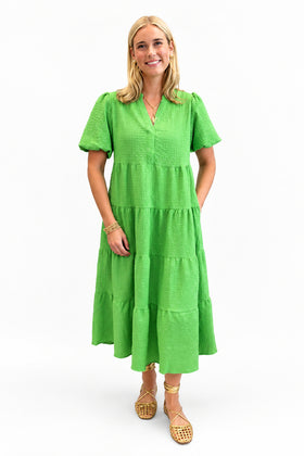 Green Long Tiered Crinkle Dress