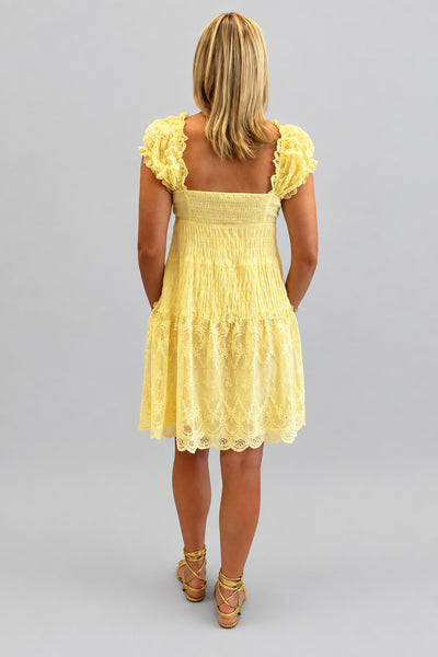 Butter Yellow Ruched Lace Dress