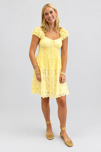 Butter Yellow Ruched Lace Dress