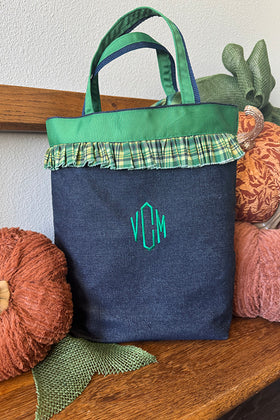 Denim Plaid Ruffle Tote Bag