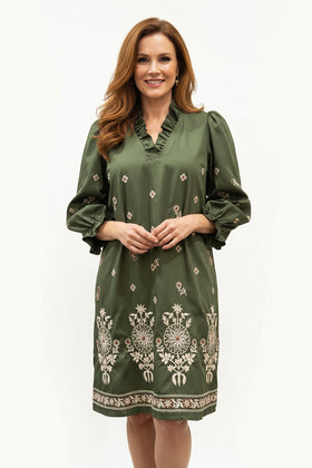 Olive Embroidered Day Dress