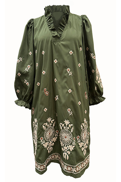 Olive Embroidered Day Dress