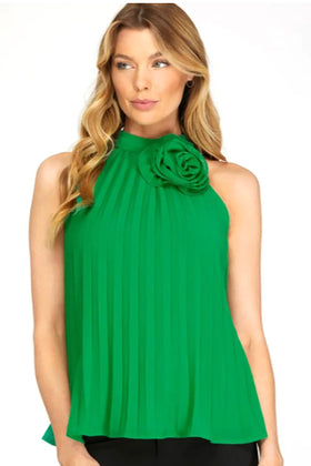 Kelly Green Rosetter Halter Neck Pleated Top
