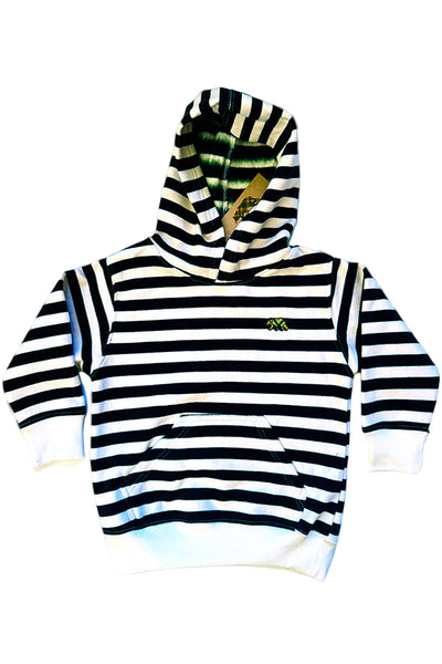 Forest green and white striped hoodie with a brand logo on a white background