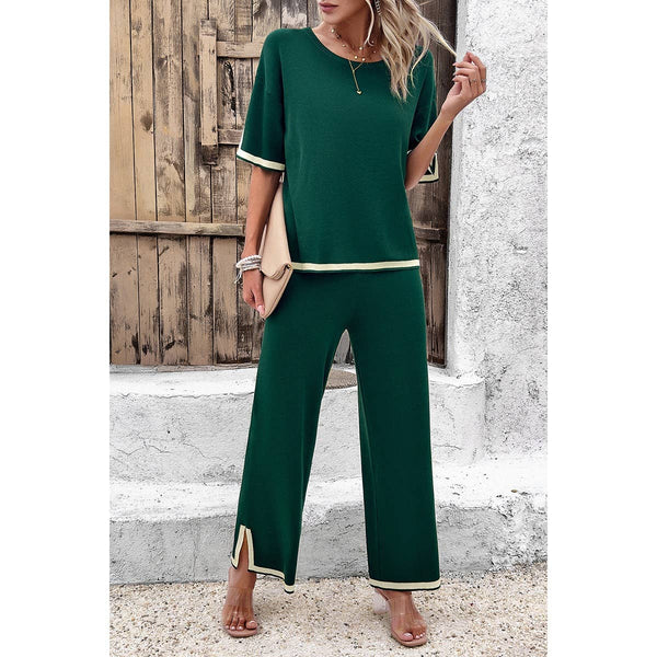 Two Piece Knit Short Sleeve Wide Leg Lounge Set