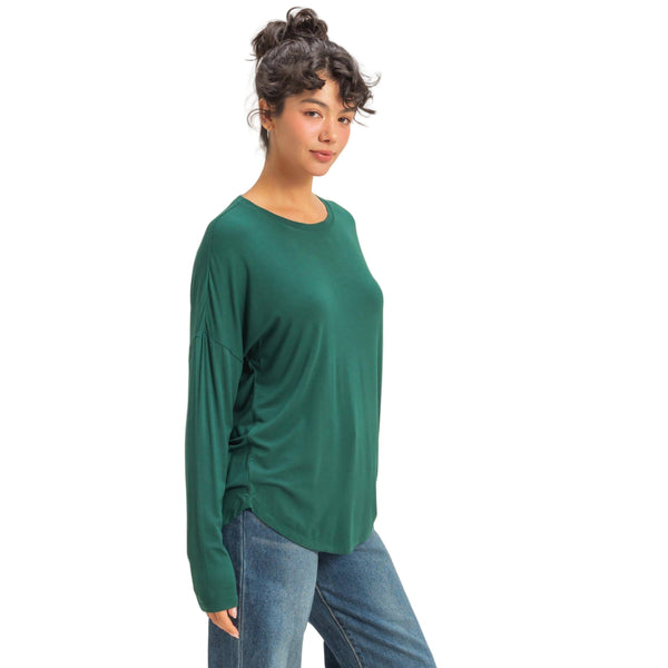 Round Neck Long Sleeve Curved Hem Top