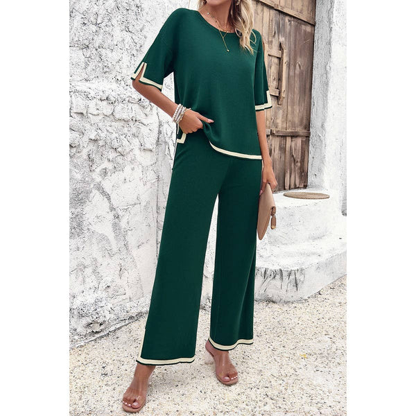Two Piece Knit Short Sleeve Wide Leg Lounge Set