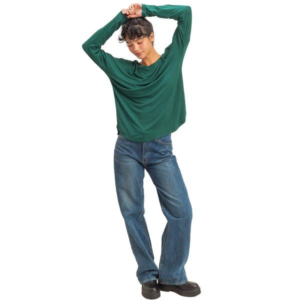 Round Neck Long Sleeve Curved Hem Top