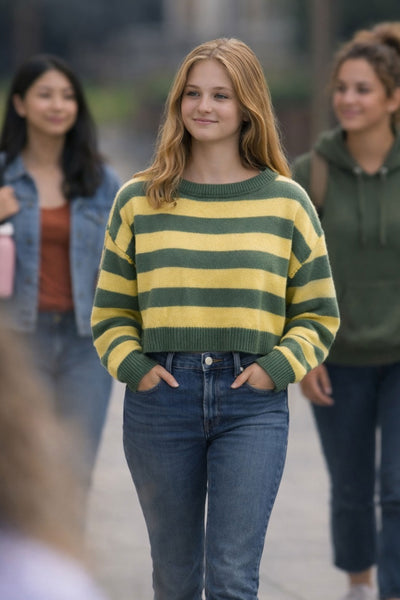 Green & Gold Striped Boat Neck Sweater