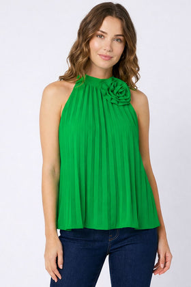 Kelly Green Rosetter Halter Neck Pleated Top