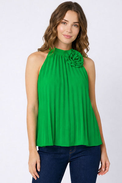 Kelly Green Rosetter Halter Neck Pleated Top