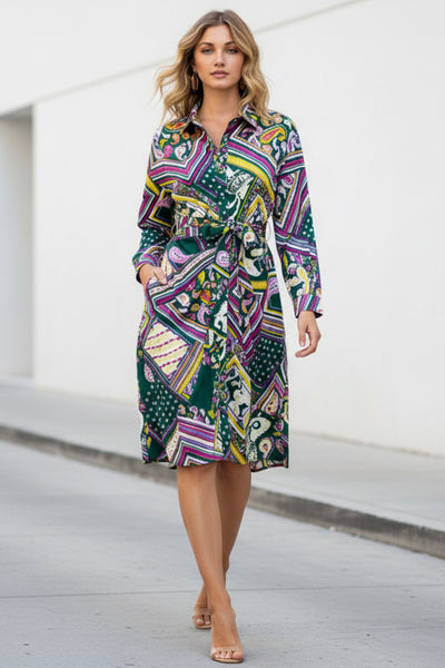 Forest Green and Multicolor Geometric Print Dress