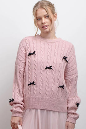Bow Cable Knit Pullover Sweater